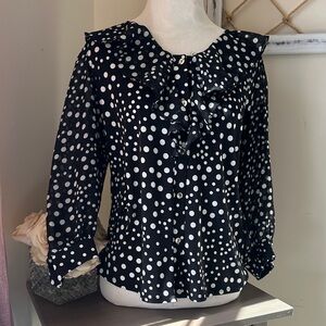 Polka Dot Ruffled Collar Blouse - Black/White